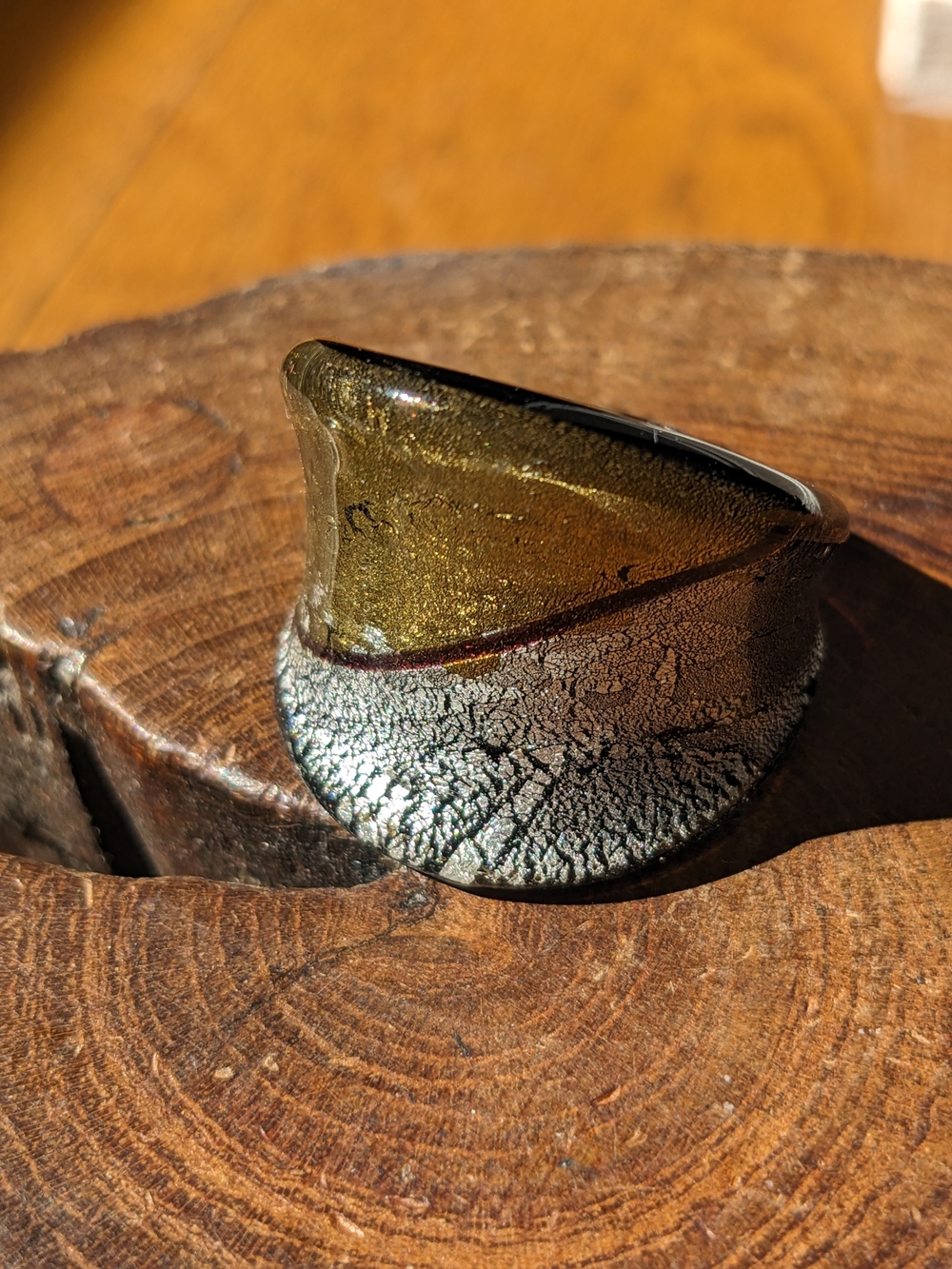 Hand-Blown Glass Statement Ring in Gold and Iridescent Silver